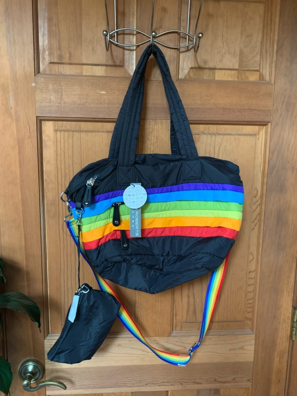 NWT Sondra Robert’s Tote Bag.  Black with Rainbow Colors.